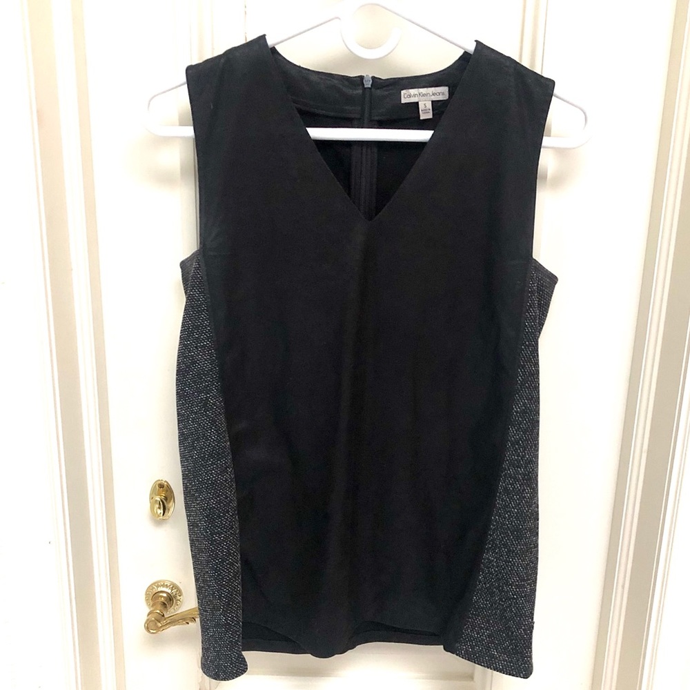 Calvin Klein faux suede top with tweed side panels